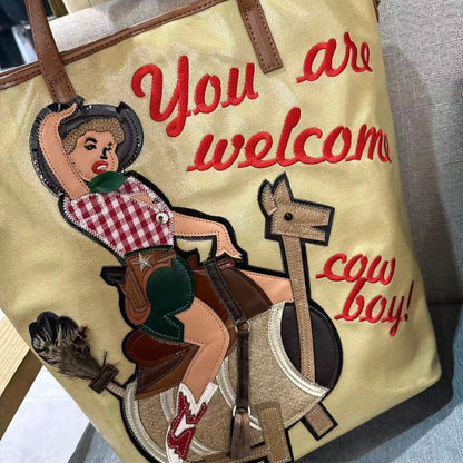 Chh Chrome Heart Leather Bag Embroidered Cartoon Tote Bag