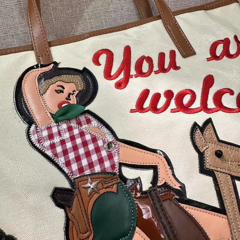 Chh Chrome Heart Leather Bag Embroidered Cartoon Tote Bag