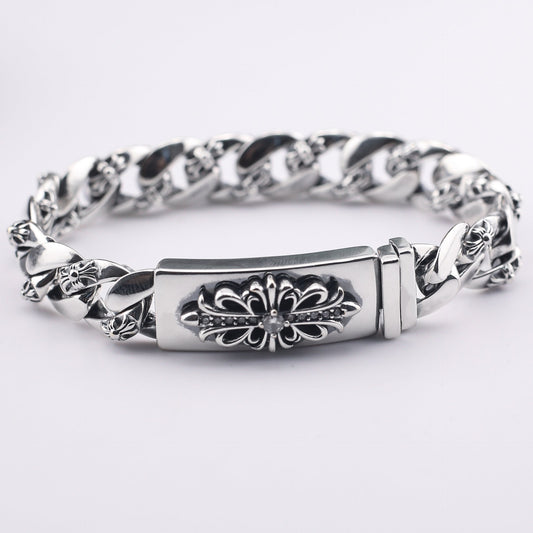 chrome hearts 925 Sterling silver Floral Cross Diamond ID Bracelet
