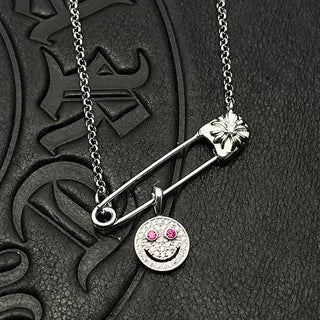 Chrome Hearts silver full diamond smiley face brooch necklace