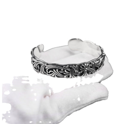 Chrome Hearts S925 Sterling Sliver Floral Cuff bracelet with intricate carvings