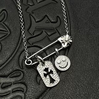 Chrome Hearts Silver Tag Smiley Face Diamond-Inlaid Pin Necklace
