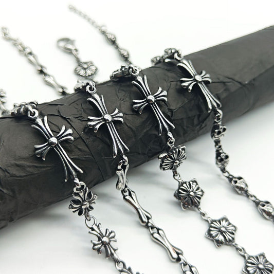 Chrome Hearts 925 Sterling silver cross flower skull splicing bracelet