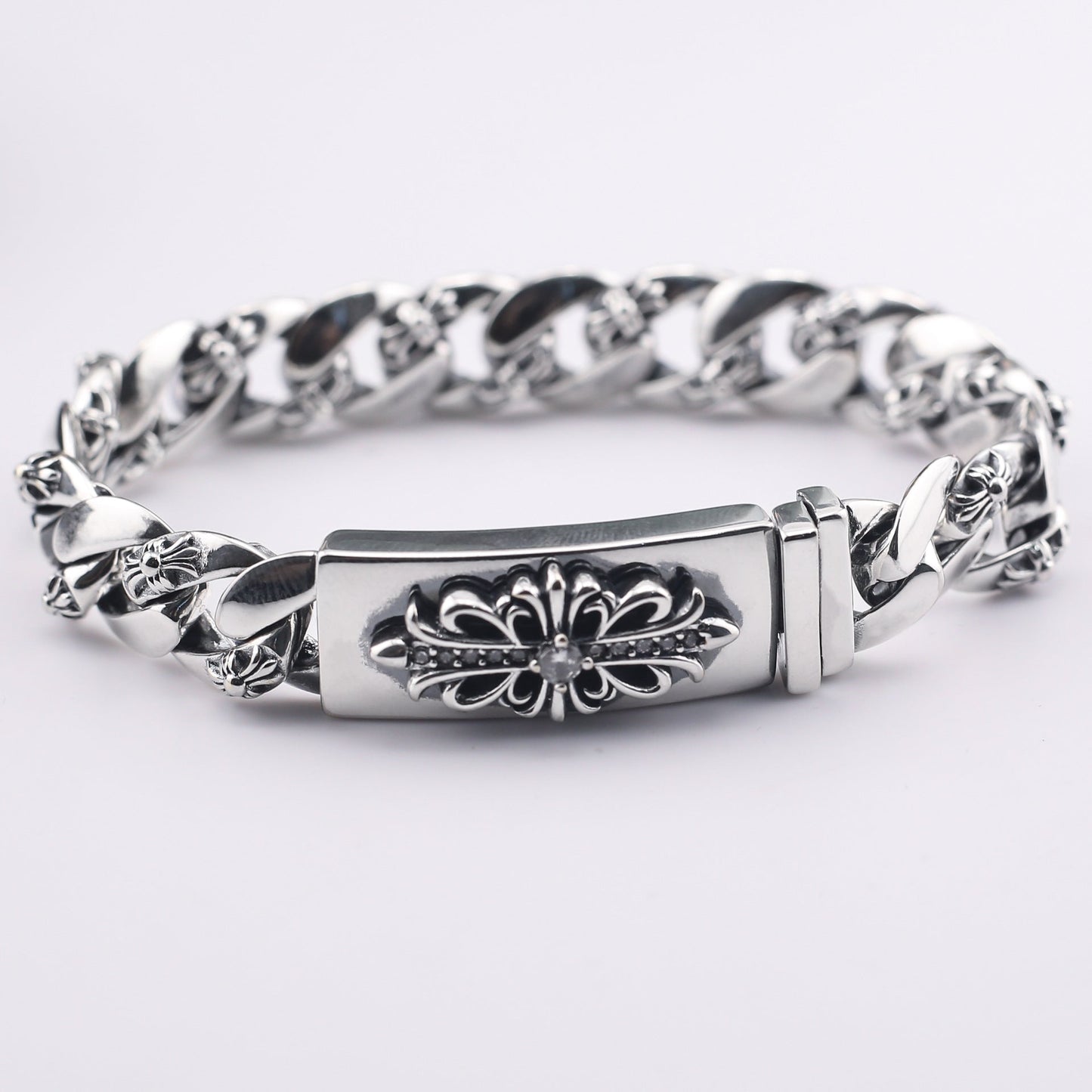 chrome hearts 925 Sterling silver Floral Cross Diamond ID Bracelet