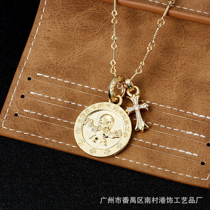 Chrome Hearts Gold Cross with Skull Round Tag Necklace