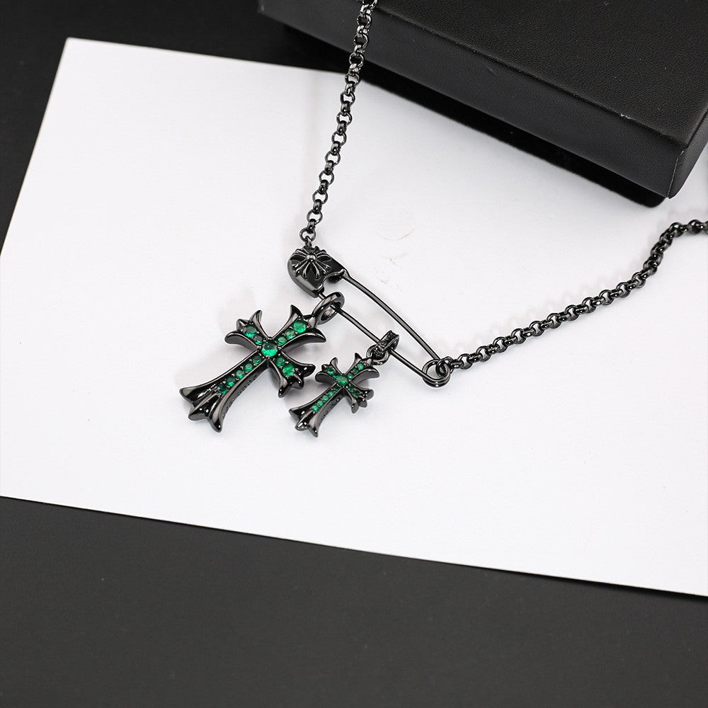 Chrome Hearts black green diamond double cross brooch necklace