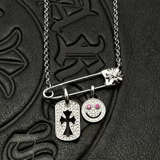 Chrome Hearts Silver Tag Smiley Face Diamond-Inlaid Pin Necklace