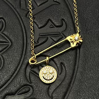 Chrome Hearts gold full diamond smiley face brooch necklace