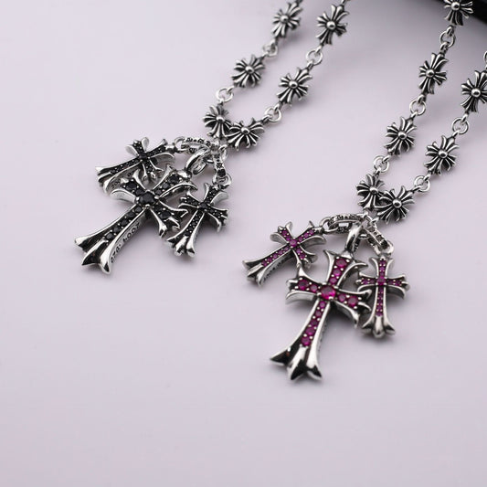 Chrome Hearts punk style diamond three cross pendant