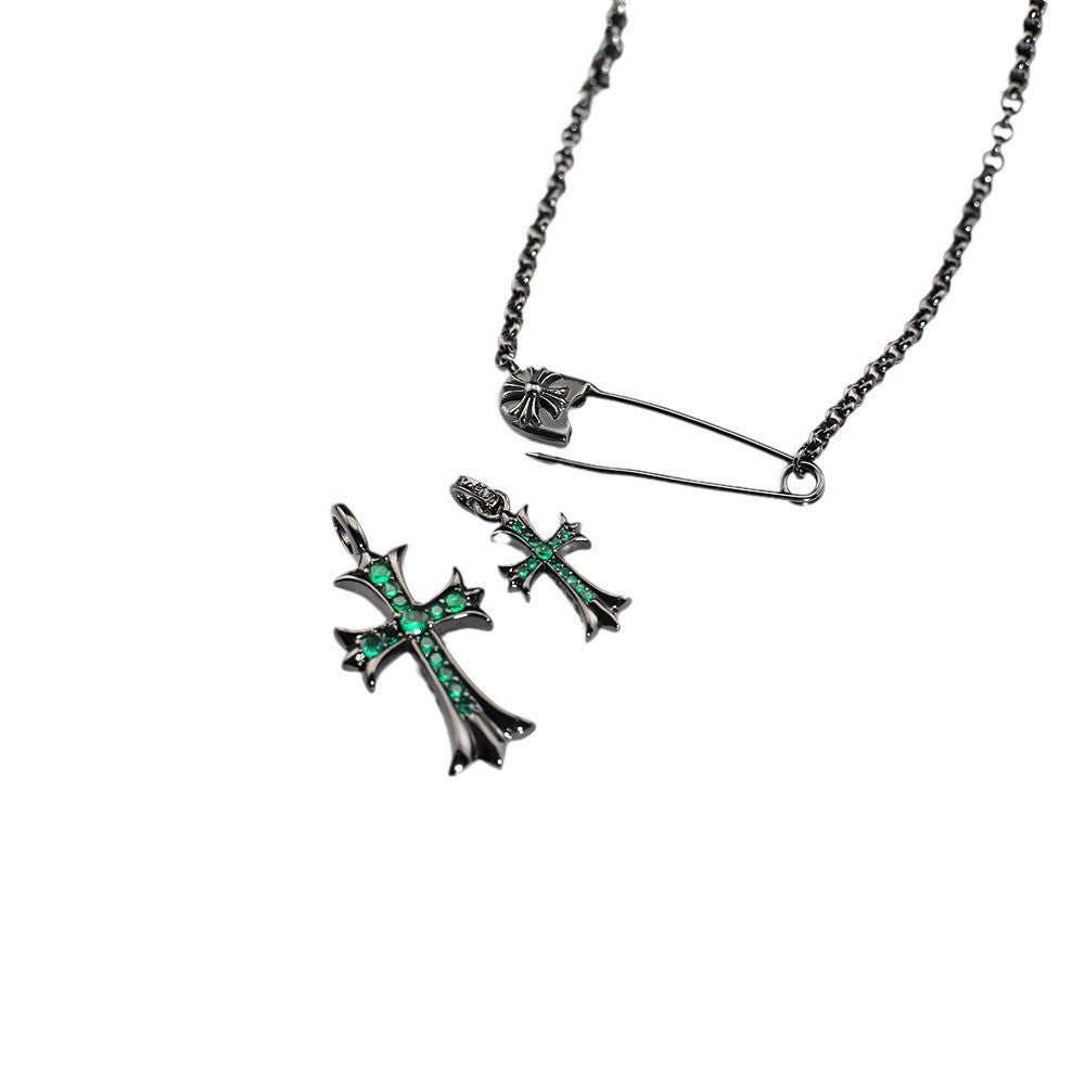 Chrome Hearts black green diamond double cross brooch necklace