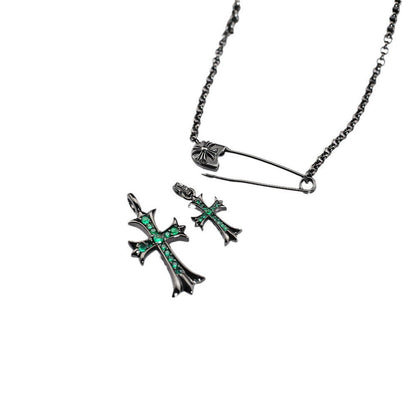 Chrome Hearts black green diamond double cross brooch necklace