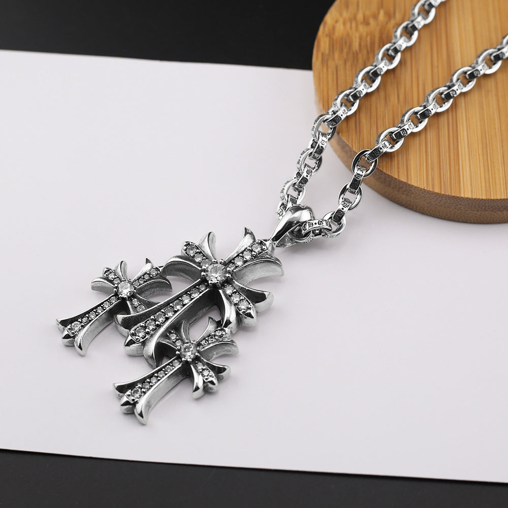 Chrome Hearts vintage diamond-studded three-cross bold letter chain