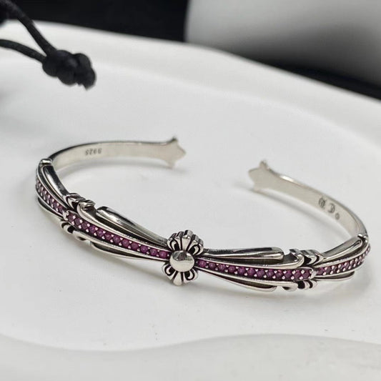 Chrome Hearts cross flower red diamond cuff bracelet