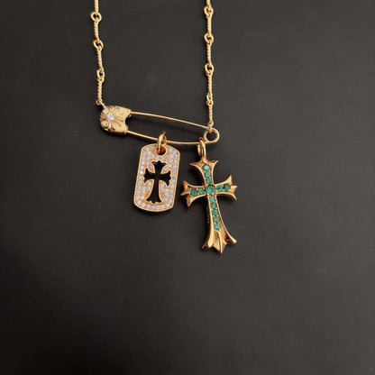 Chrome Hearts brooch full diamond square gold cross necklace