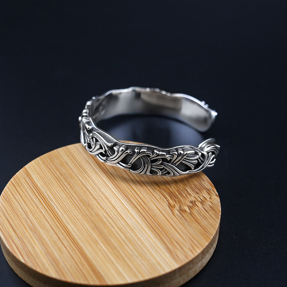 Chrome Hearts S925 Sterling Sliver Floral Cuff bracelet with intricate carvings