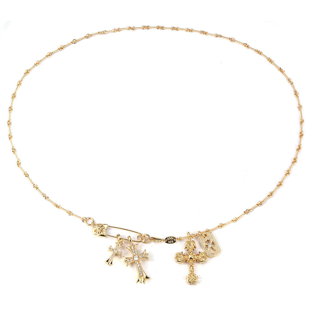 Chrome Hearts Gold Diamond-Inlaid Pin with Three Cross Pendants