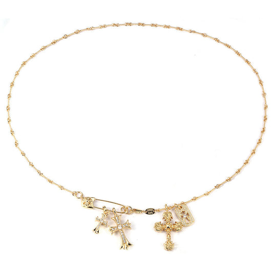 Chrome Hearts Gold Diamond-Inlaid Pin with Three Cross Pendants