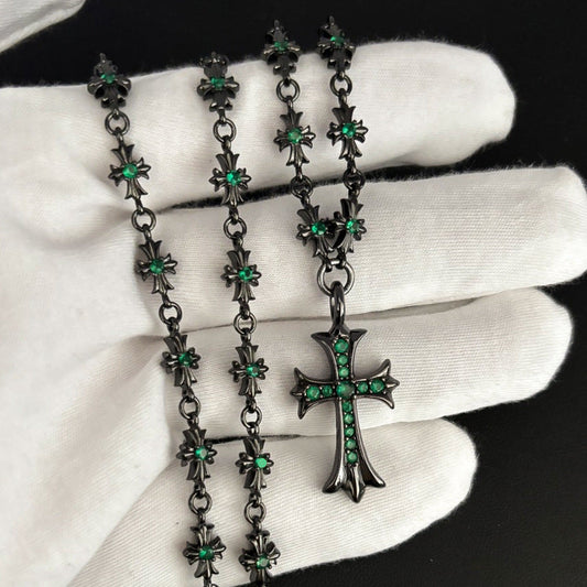 Chrome Hearts black cross inlaid with green zircon necklace
