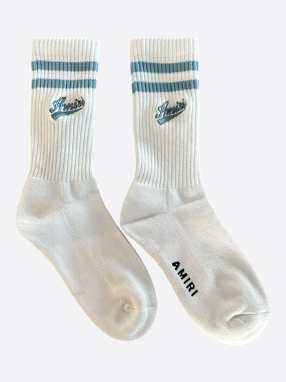 Amiri White & Blue Embroidered Varsity Script Logo Socks